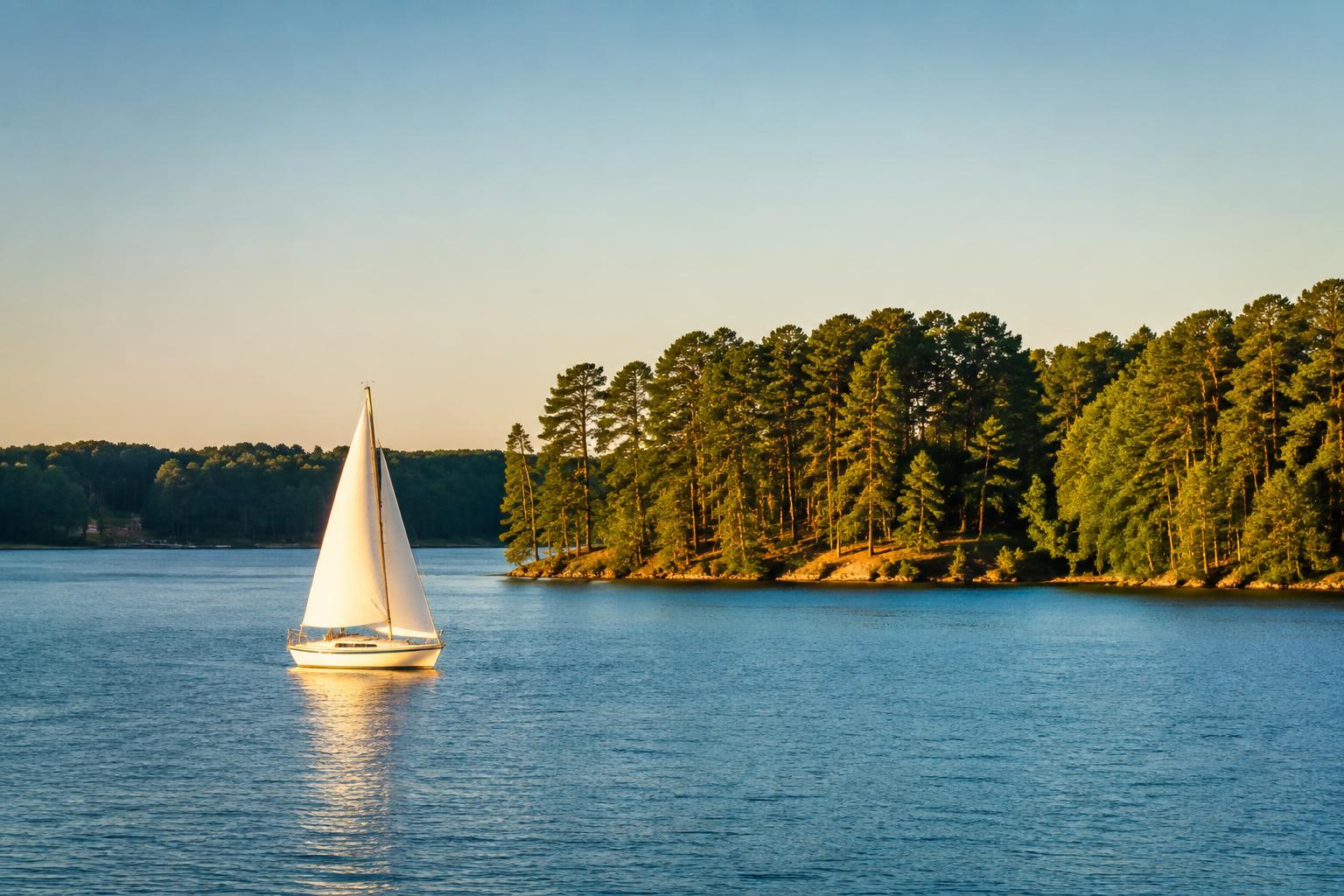 White sailboat on Lake Norman beside a wooded shoreline at golden hour